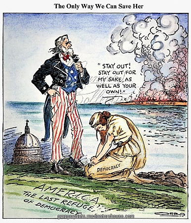 CARTOON: U.S. INTERVENTION. The Only Way We Can Save Her [Democracy]: American cartoon, 1939, by Carey Orr against U.S. intervention in European wars.